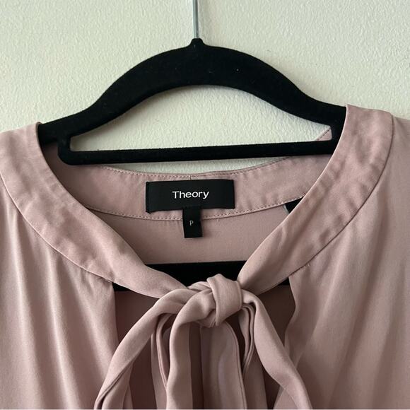 Theory Kimry Sheen Blush Pink Silk Tie-Neck Blouse - Picture 3 of 6